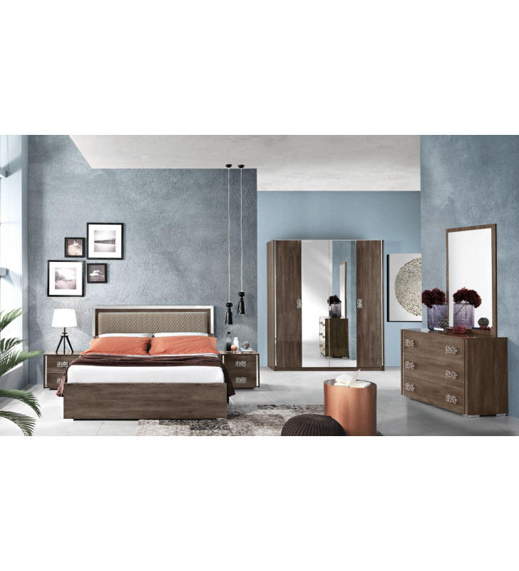 Glossy Brown Finish King Size Bedroom Set w/ Wardrobe 6Pcs Modern Made in Italy ESF Dover