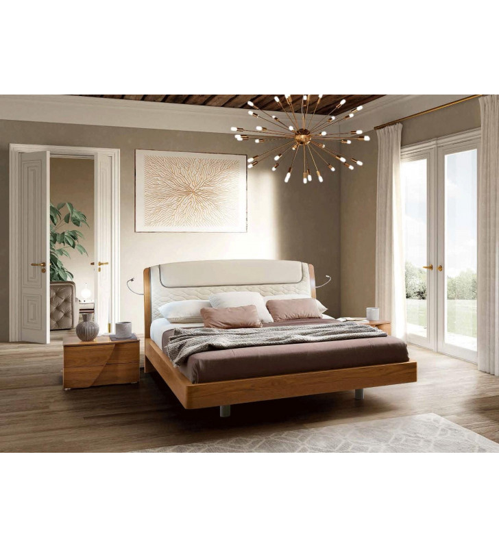 Walnut Finish Eco-Leather Headboard Queen Bed & 2 Nightstands Set Modern ESF Luna