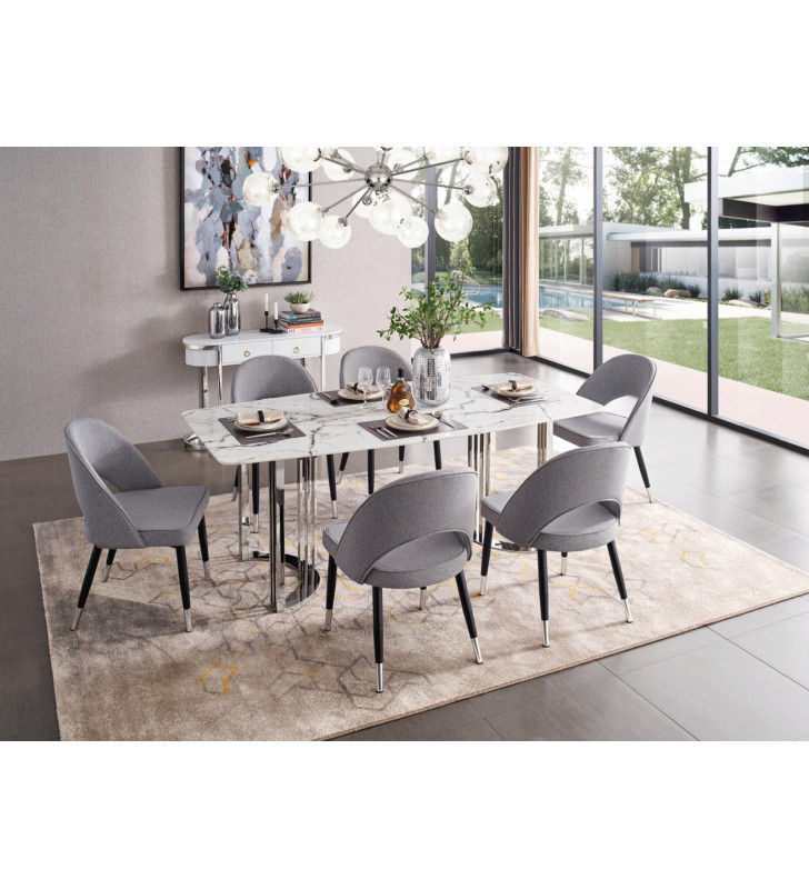 Marble Top & Stainless Steel Dining Room Set 8Pcs w/Buffet Modern Made in Italy ESF 131