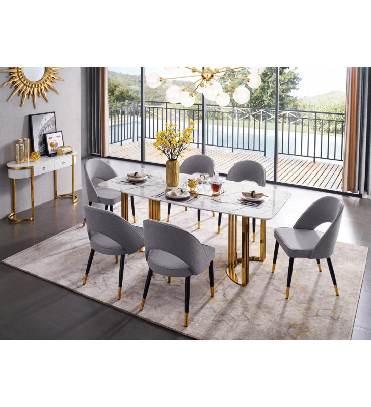 Marble Top & Gold Stainless Steel Dining Room Set 8Pcs w/Buffet Modern Made in Italy ESF 131