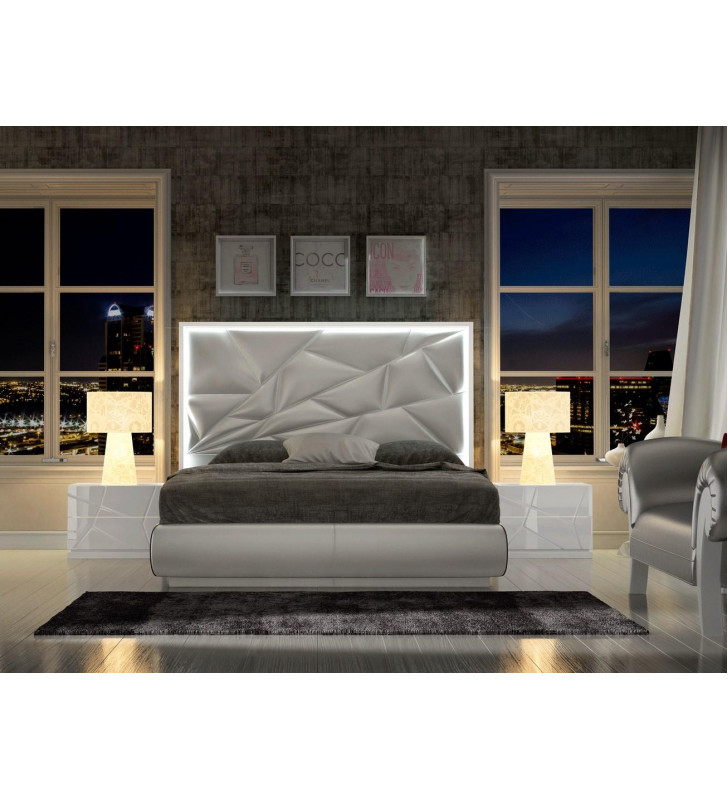 White Finish Futuristic Queen Bed & 2 Nightstands Modern Made in Spain ESF Kiu