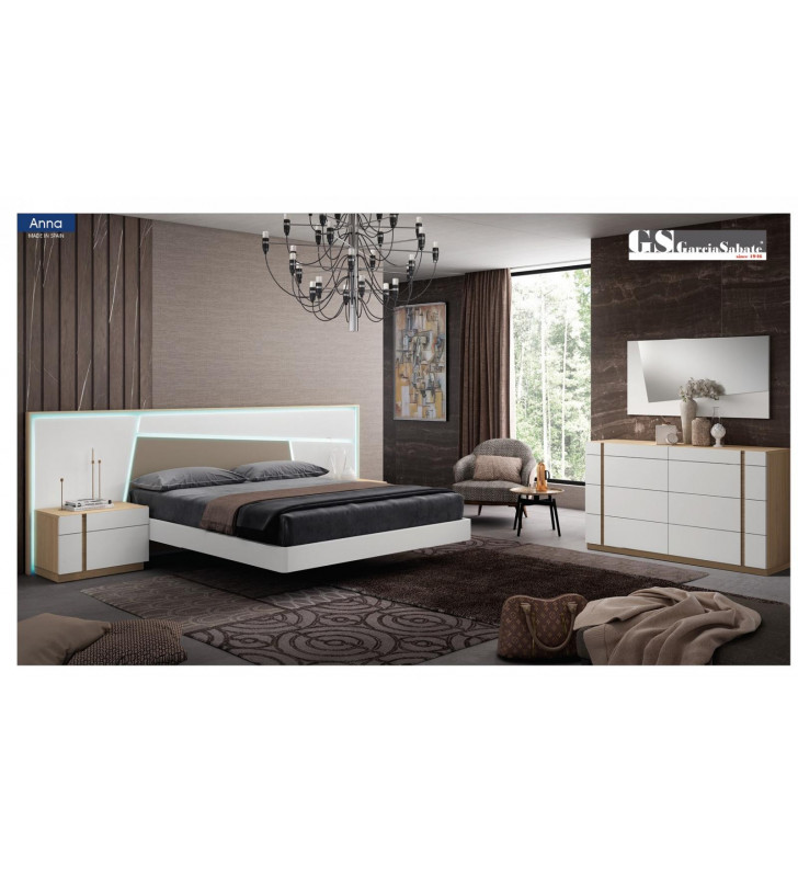 Matt White & Natural Oak King Bedroom Set 5Pcs w/Double Dresser Made in Spain ESF Anna