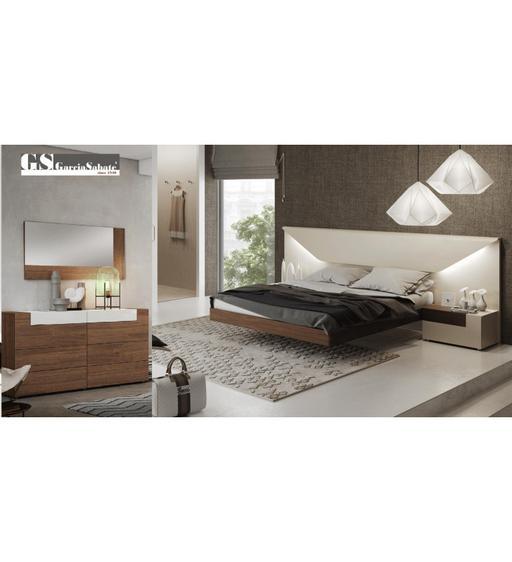 White & Walnut Laquer Finish Queen Size Bedroom Set 5Pcs w/Double Dresser Contemporary ESF Elena 