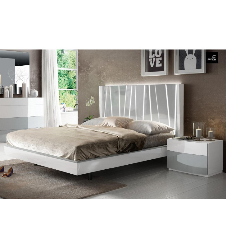 White & Gray Laquer Finish King Bed & 2 Nightstands Spain ESF Ronda With Dali