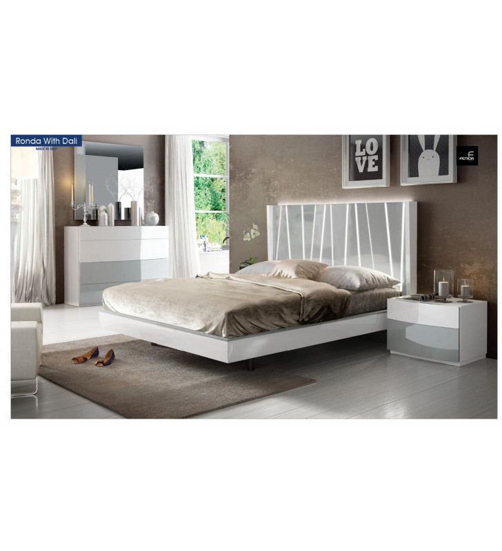 White & Gray Laquer Finish Queen Bed & 2 Nightstands Spain ESF Ronda With Dali