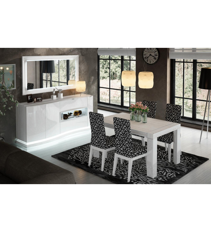 White & Black Lacquer Dining Room Set 7Pcs w/Buffet Modern Made in Spain ESF Cordoba