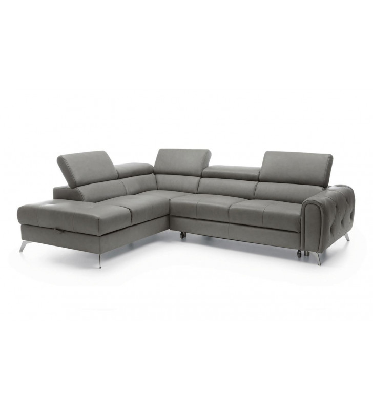 Grey Italian Genuine Leather Sectional Sofa Bed/Storage Modern Left ESF Camelia