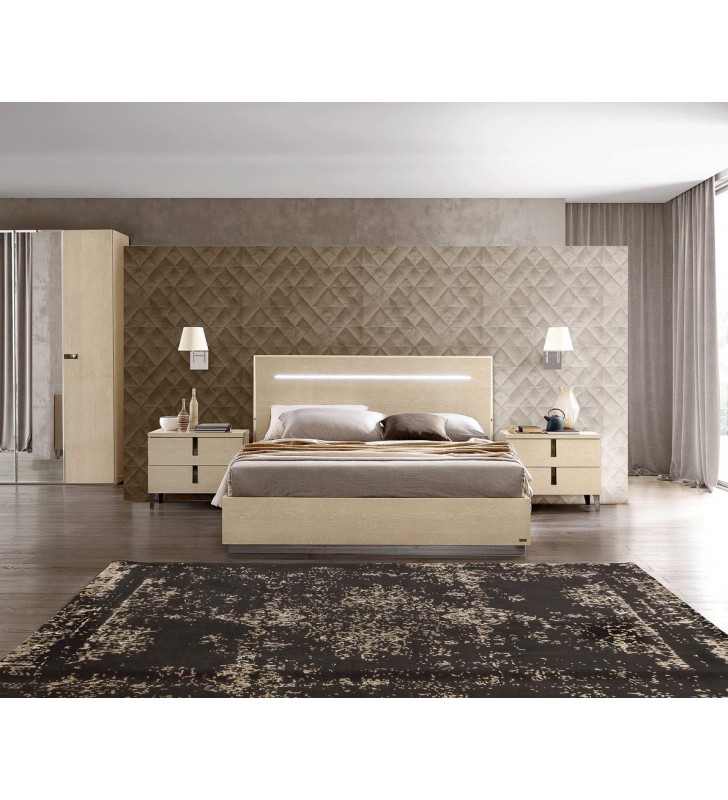 Beige High Gloss Lacquer Finish Queen Bed & 2 Nightstands Made in Italy ESF Ambra