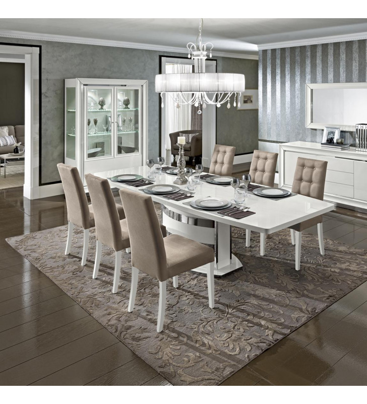 White High Gloss Lacquer Dining Table Set 7Pcs w/Buffet Modern ESF Dama Bianca