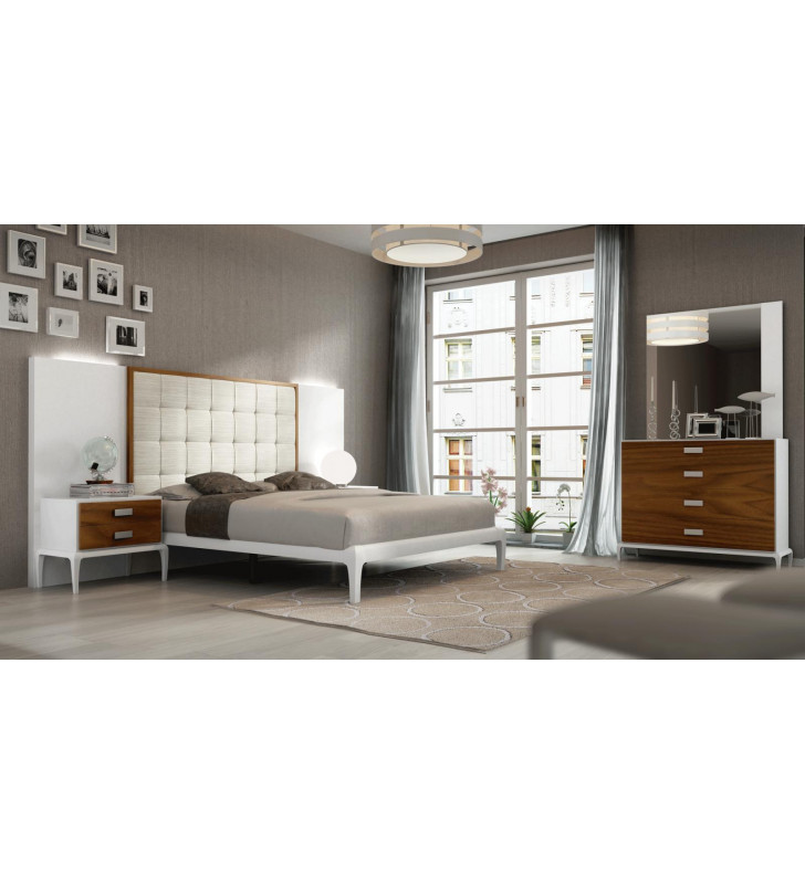 White & Walnut Finish King Size Bedroom Set 5 Pcs Made in Spain ESF Malaga