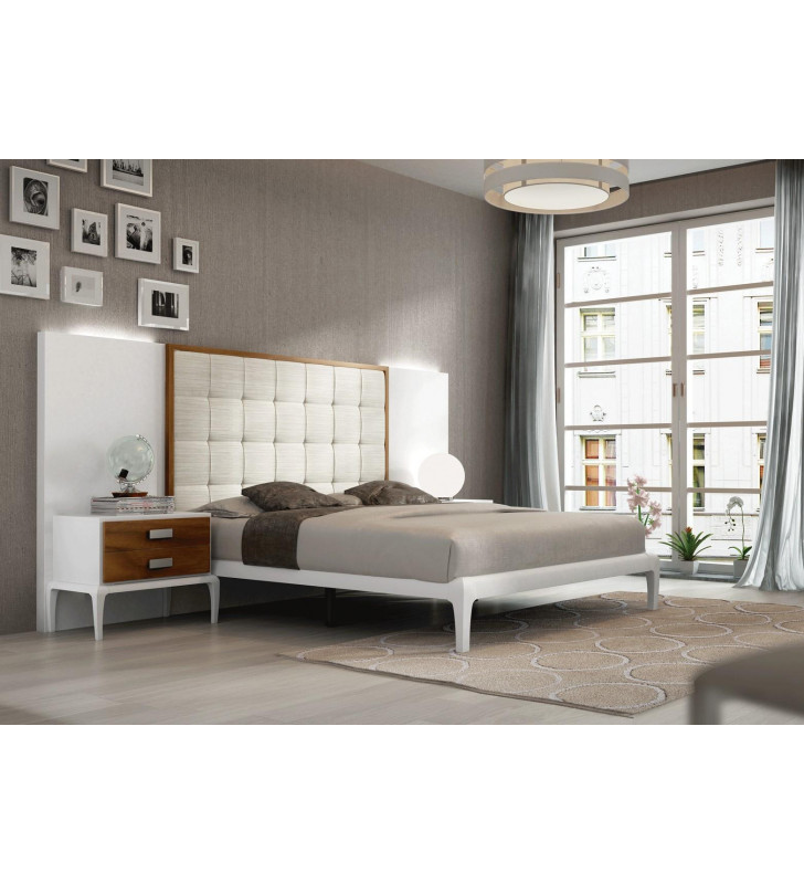 White & Walnut Finish Queen Size Bed & 2 Nightstands Made in Spain ESF Malaga