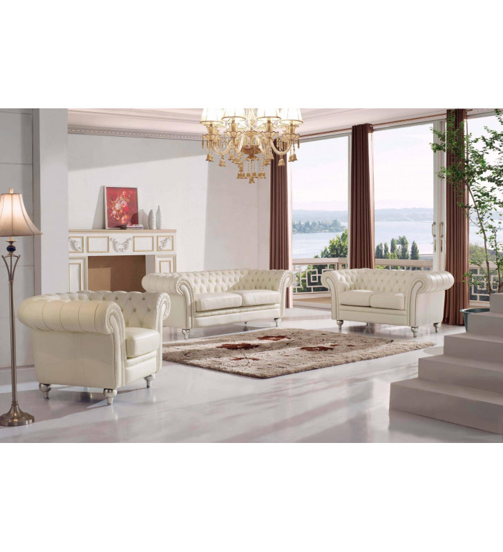 Beige Top-grain Leather Sofa Loveseat & Chair Set 3Pcs Contemporary ESF 287