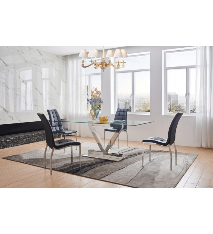 Tempered Glass Dining Table 180 Set w/ 365 Black Chairs Modern 7Pcs ESF ZZ