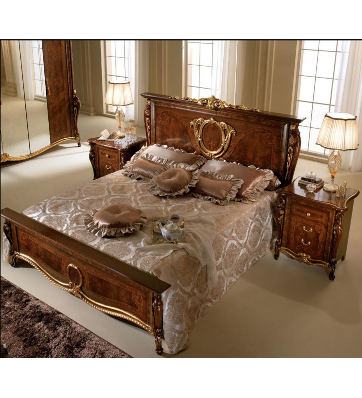 Luxury Walnut Glossy Donatello Night Queen Bed Carved Wood Made in Italy ESF