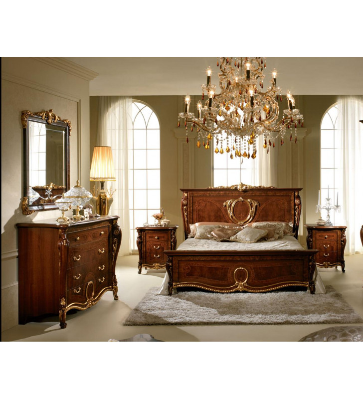 Luxury Walnut Glossy Donatello Night King Bedroom Set 5 Pcs Made in Italy ESF
