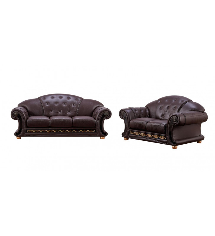 Brown Genuine Leather Sofa & Loveseat Set 2Pcs Traditional Made in Italy ESF Apolo 