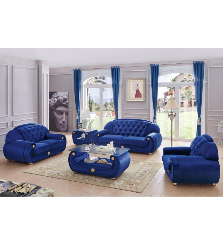 Luxury Dark Blue Velour Sofa Set w/ Coffee Table 4Pcs Contemporary ESF Giza