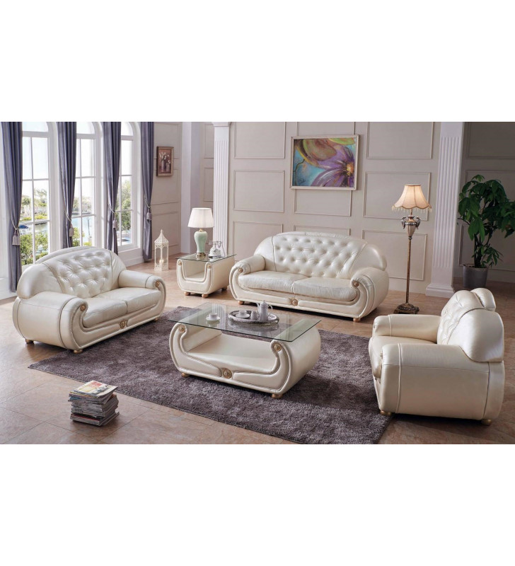 Luxury Light Beige Top Grain Leather Sofa Set w/ Coffee Table 4Pcs Contemporary ESF Giza