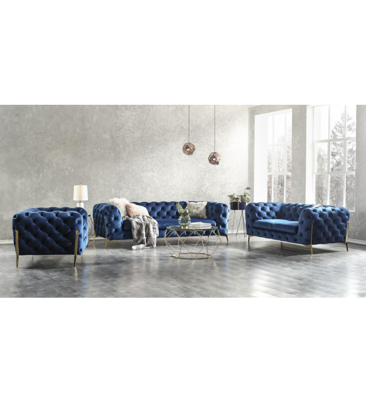 Blue Velour Fabric & Gold Accents Chesterfield Sofa Set 3Pcs Modern J&M Glamour