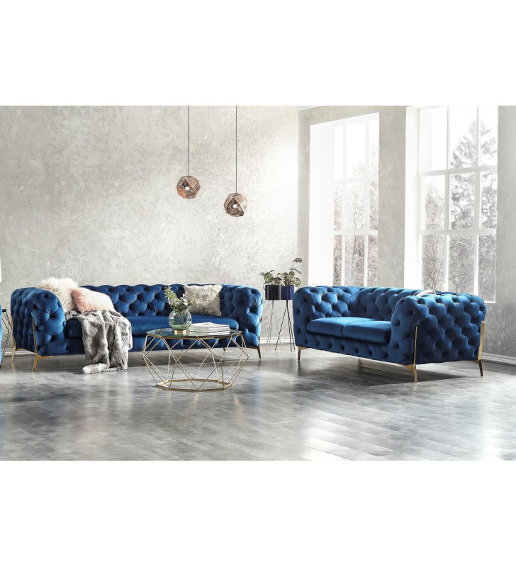 Blue Velour Fabric & Gold Accents Chesterfield Sofa Set 2Pcs Modern J&M Glamour