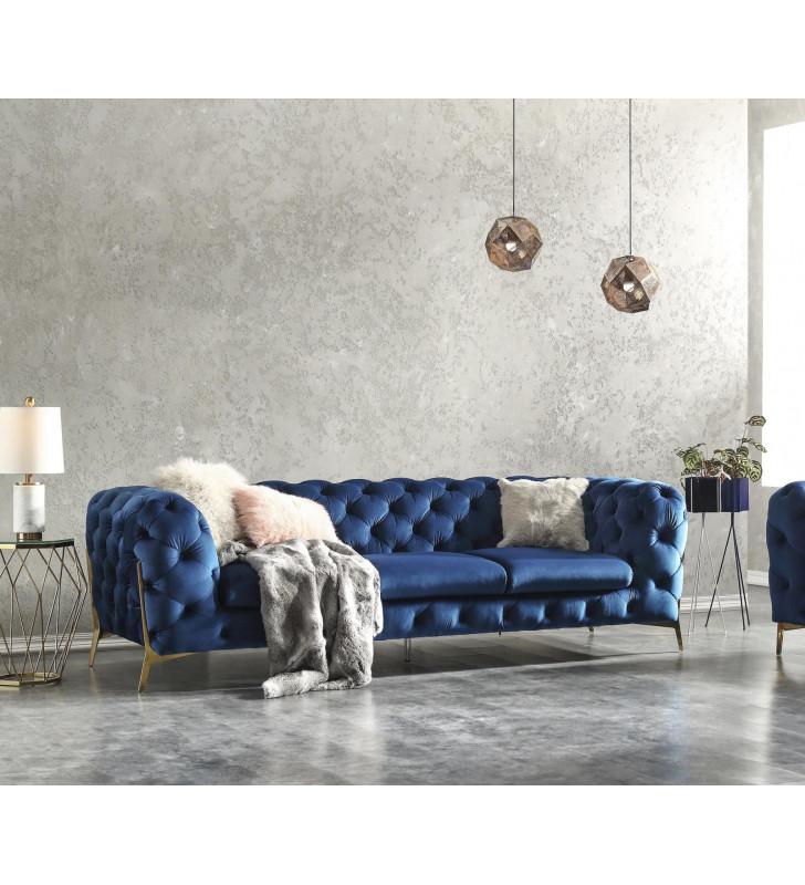 Blue Velour Fabric & Gold Accents Chesterfield Sofa Modern J&M Glamour