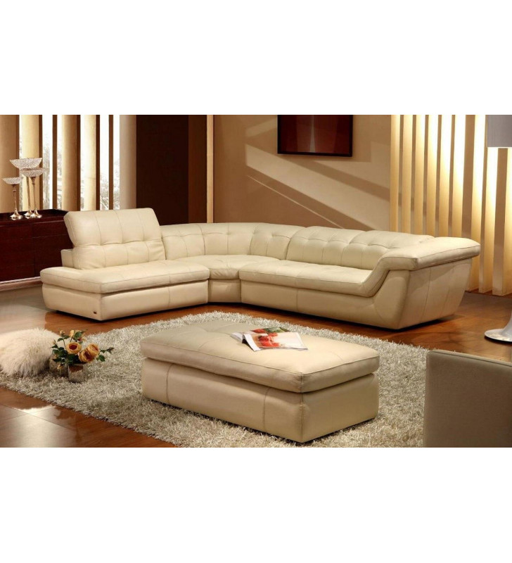 Beige Italian Leather Sectional w/Ottoman Set 2Pcs Adjustable Headrest LHC Modern J&M 397 