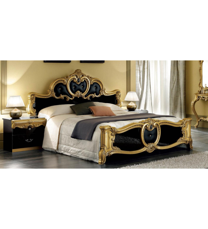ESF Barocco Luxury Glossy Black Gold Queen Bedroom Set 3 Classic Made in Italy