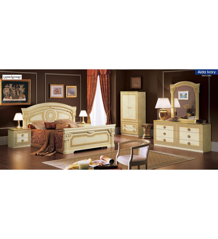 ESF Aida Ivory Gold Lacquer Finish Queen Bedroom Set 5Ps Made in Italy