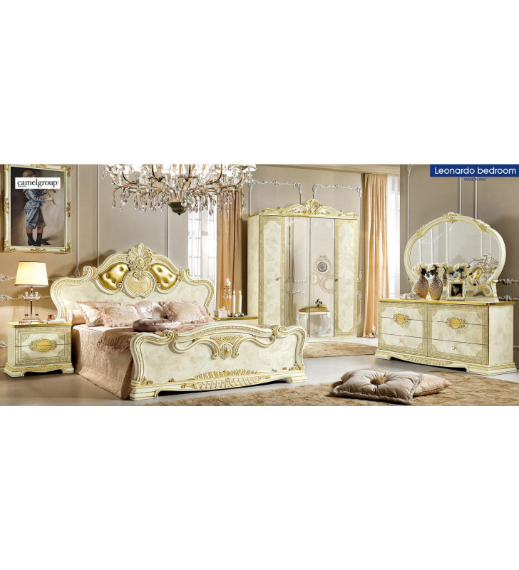 Luxury Gold Ivory Queen Bedroom Set 5 Classic Royalty Made in Italy ESF Leonardo