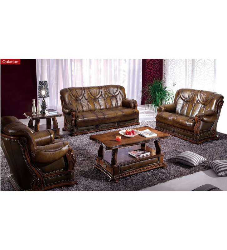 ESF Oakman Classic Dark Oak Finish Full Italian Leather Sofa Bed Set 3Pcs