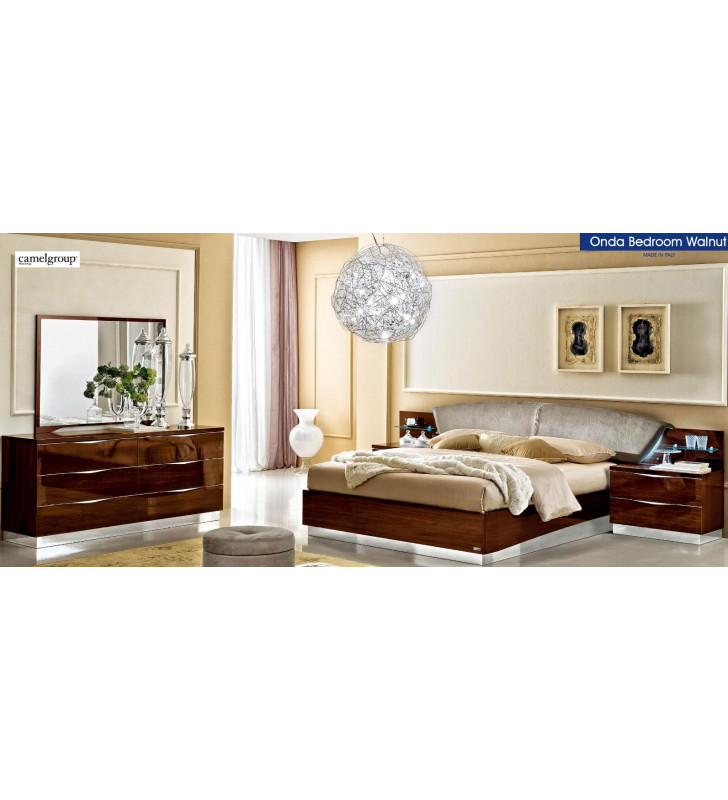 Walnut Cognac Queen Bedroom Set 5Pcs Swarovski insert Modern Made In Italy ESF Onda 