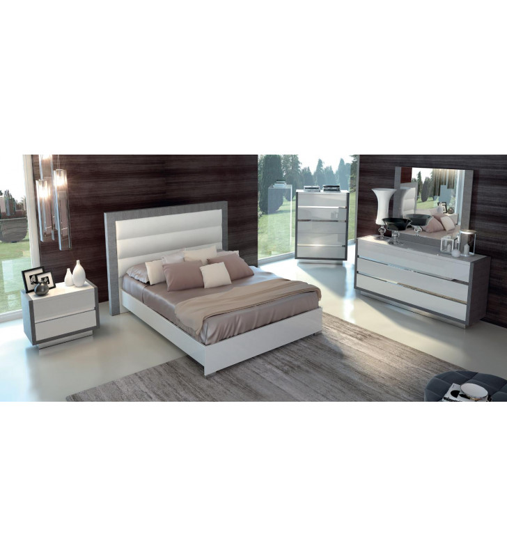 Glossy White Silver Queen Bedroom Set 5Ps Contemporary Made in Italy ESF Mangano