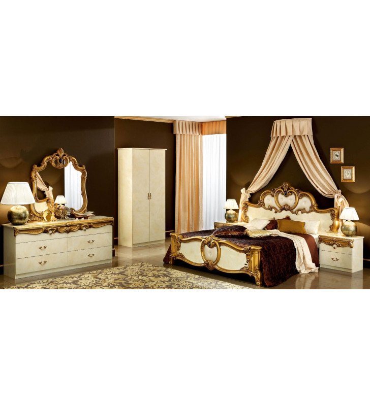 Luxury Glossy Ivory Gold Queen Bedroom Set 5 Classic Made in Italy ESF Barocco 