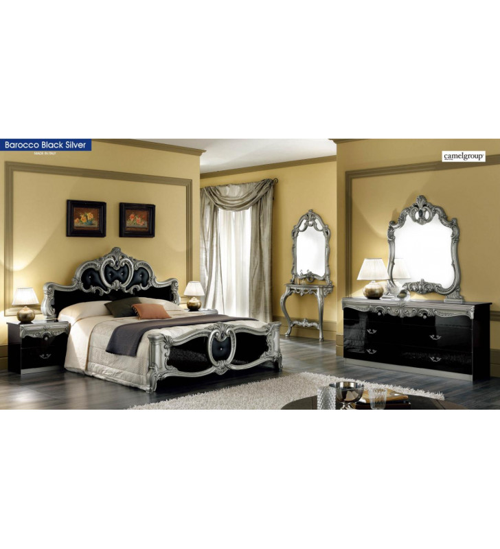 ESF Barocco Luxury Glossy Black Silver King Bedroom Set 5 Classic Made in Italy