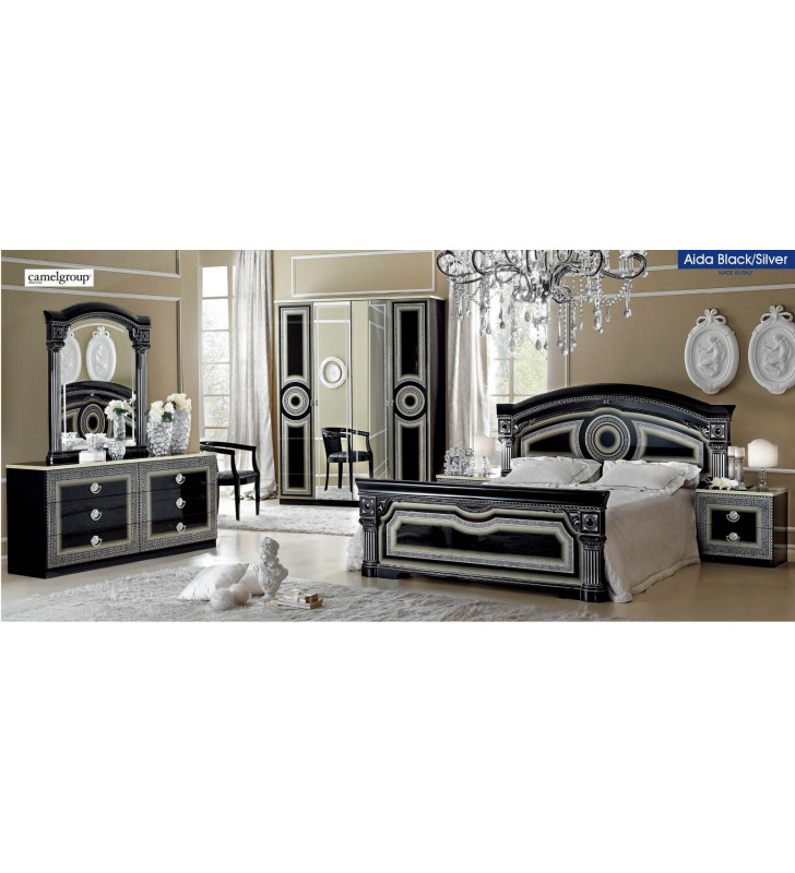 ESF Aida Black Silver Lacquer Queen Bedroom Set 5Ps Made in Italy
