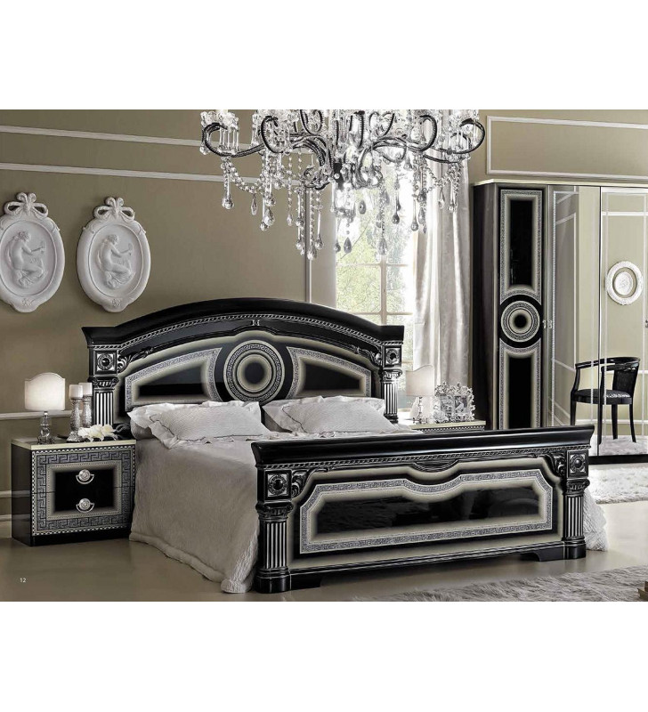 ESF Aida Black Silver Lacquer Queen Bedroom Set 2Ps Made in Italy