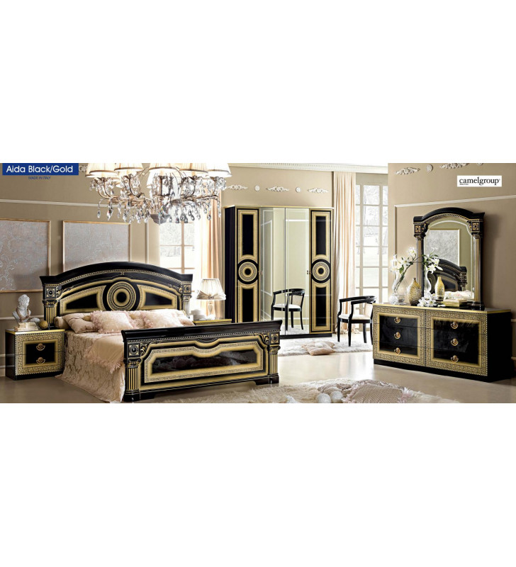 ESF Aida Black Gold Lacquer Finish Queen Bedroom Set 5Ps Made in Italy