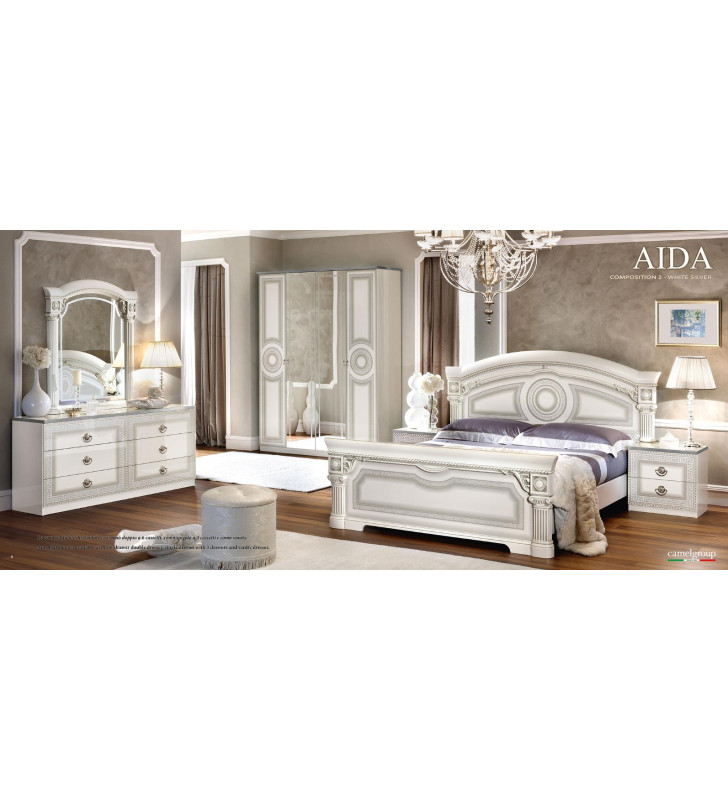 ESF Aida Glossy White Silver Finish King Platform Bedroom Set 5Pcs Made in Italy