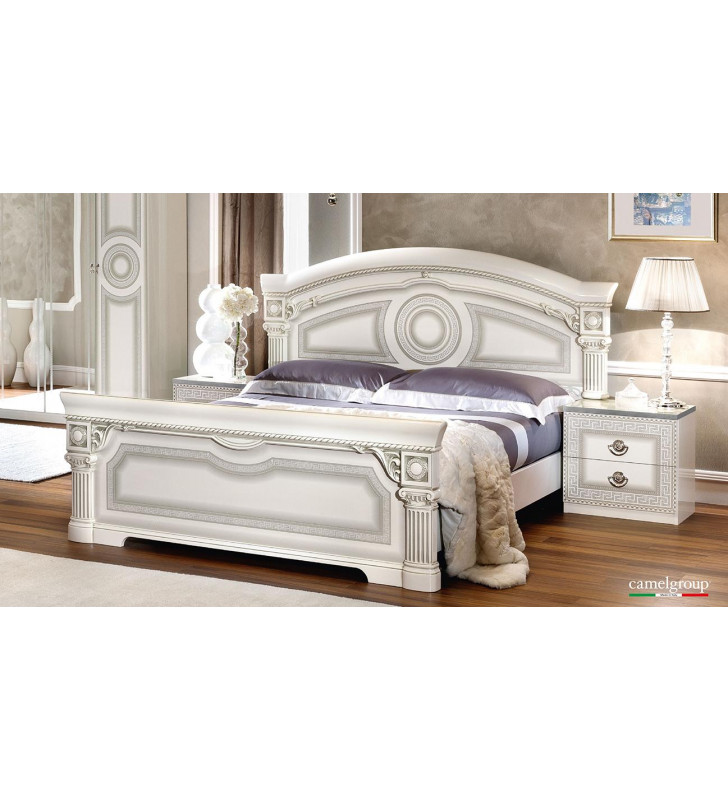 ESF Aida Glossy White Silver Lacquer Finish Queen Panel Bed Made in Italy 