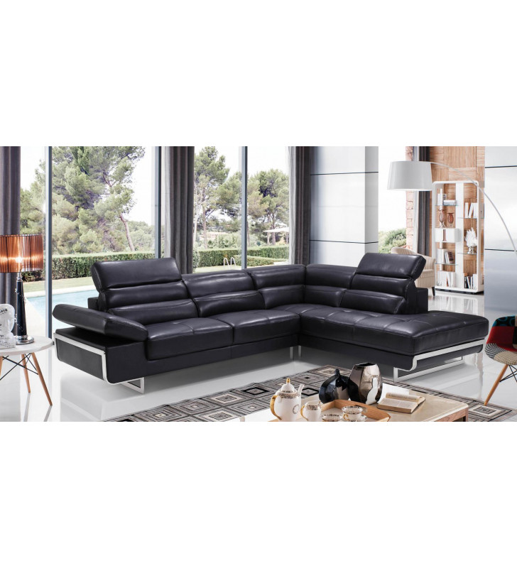 Black Leather Sectional Sofa Right Hand Facing Contemporary ESF 2347 