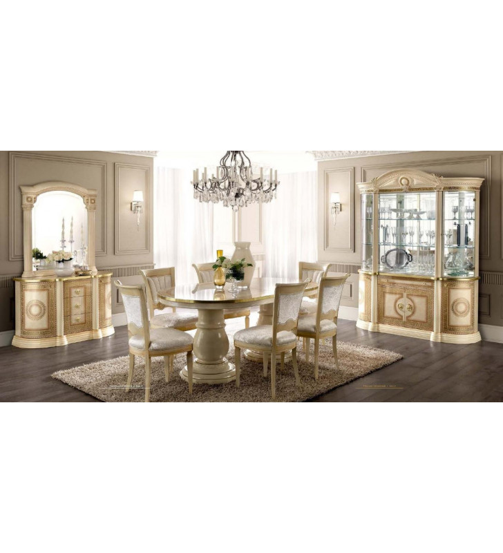 Glossy Ivory & Gold Lacquer Dining Room Set 8 Pcs ESF Aida Made in Italy Classic