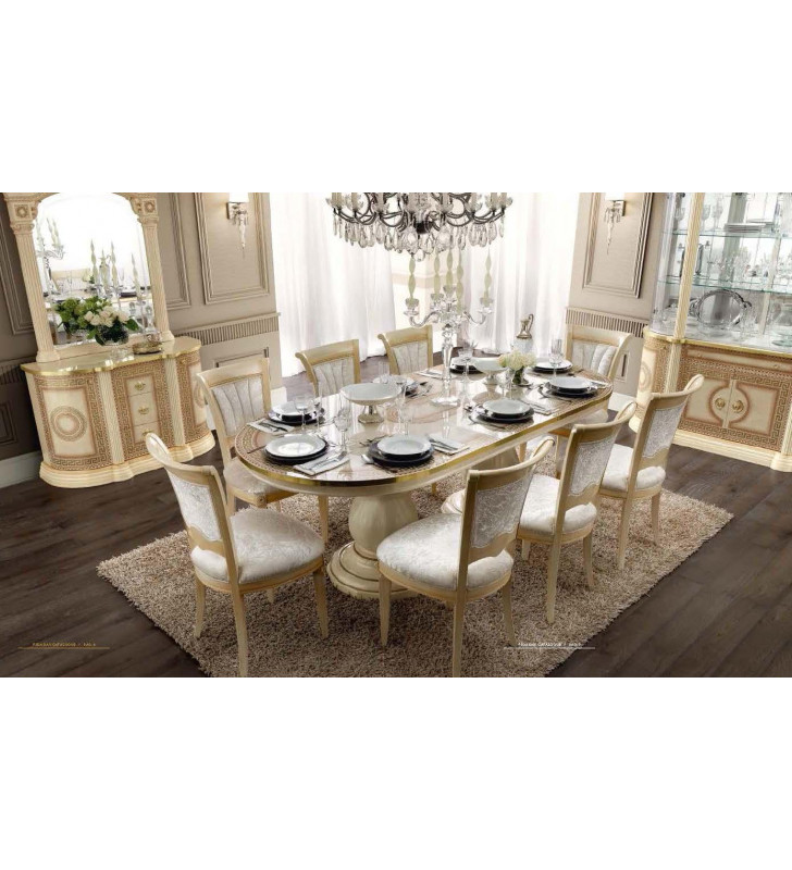 Glossy Ivory & Gold Lacquer Dining Room Set 7 Pcs ESF Aida Made in Italy Classic