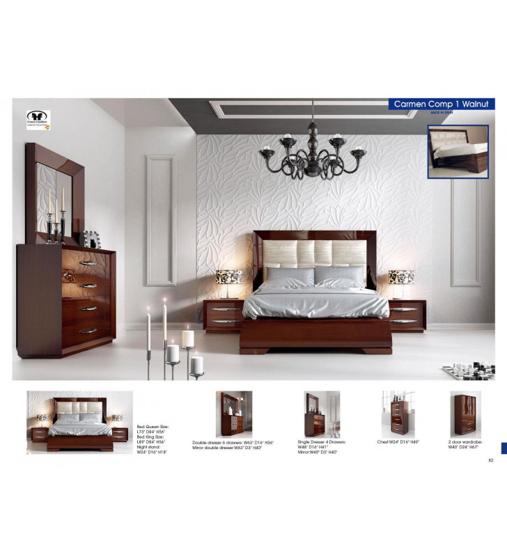 Walnut High Gloss Lacquer Finish King Bed & 2 Nightstands Modern ESF Carmen 