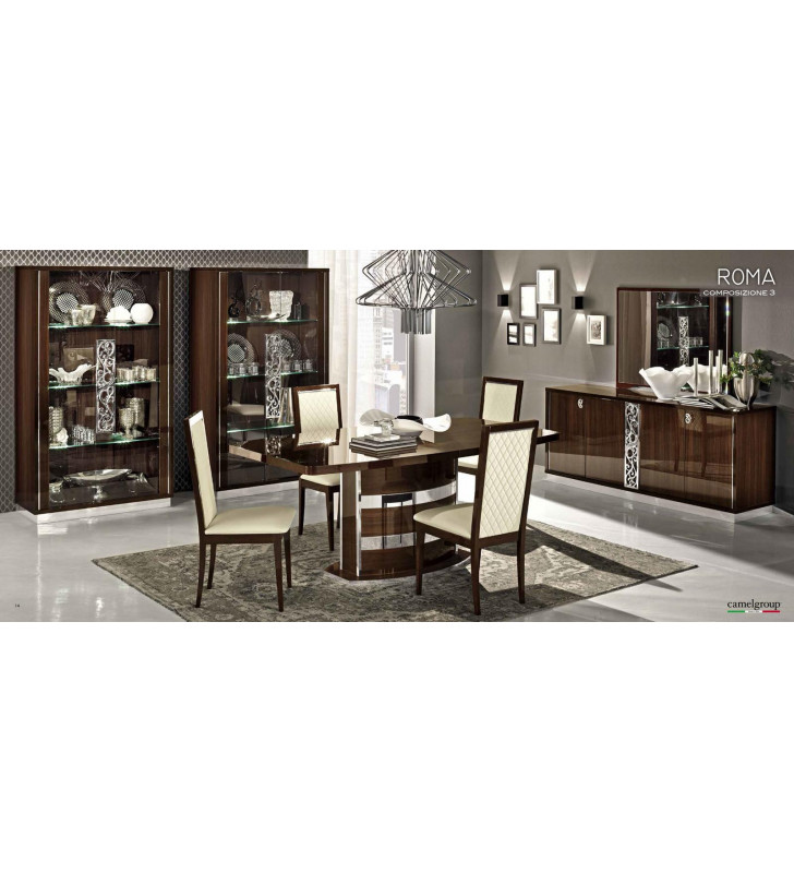ESF Roma High Gloss Walnut Lacquer Finish Dining Room Set 7 Pcs Made in Italy