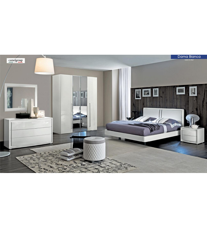 ESF Dama Bianca Glossy White Leather Queen Bedroom Set 5 Modern Made In Italy