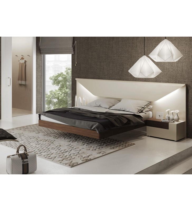 White & Walnut Laquer Finish Queen Bed & 2 Nightstands Contemporary ESF Elena 