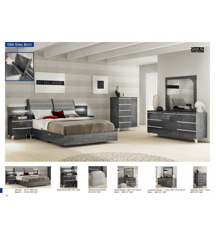 Grey Birch Lacquer Finish King Size Bedroom Set 5 Pcs Contemporary ESF Elite 