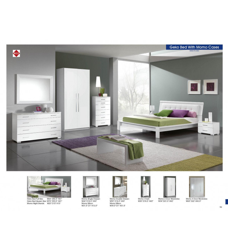 ESF Geko Momo Modern White High Gloss Finish Full Size Bed Bedroom Set 5Pcs 