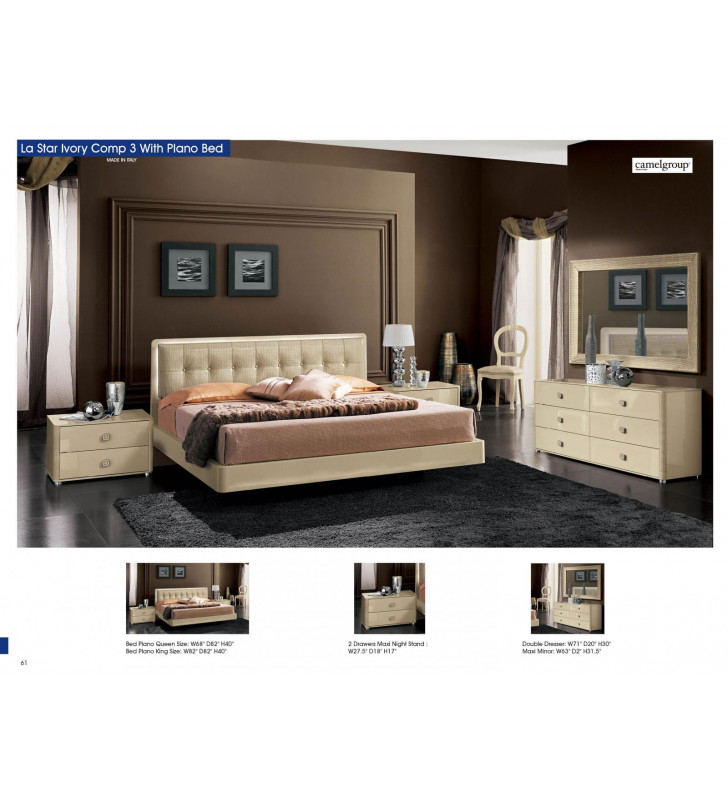 ESF La Star Beige Comp 3 High Gloss Lacquer Queen Bedroom Set 3 Pcs 