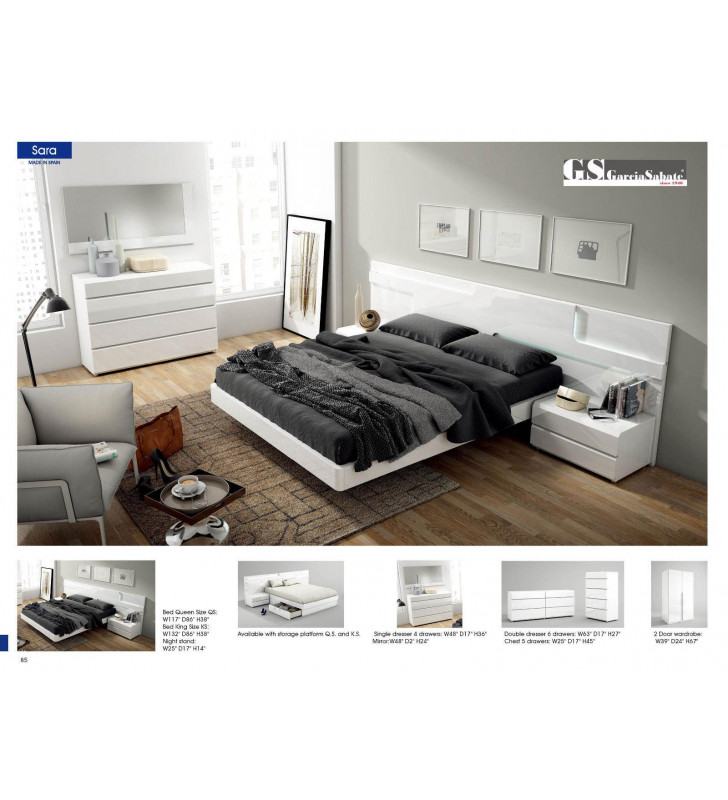 ESF Sara Modern White Lacquer Finish Platform King Bedroom Set 5 Pcs 